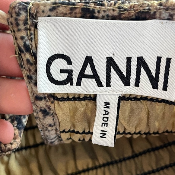 Ganni Long Sleeve Smocked Dress Light Brown Snakeskin Print Size 38 Us Size 6 - Picture 3 of 13